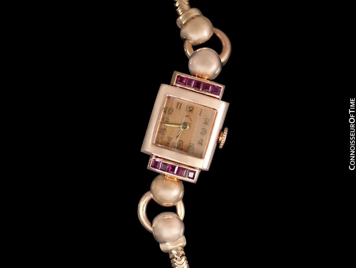 1940's Tiffany & Co. Ladies Vintage Watch - 14K Rose Gold with Rubies