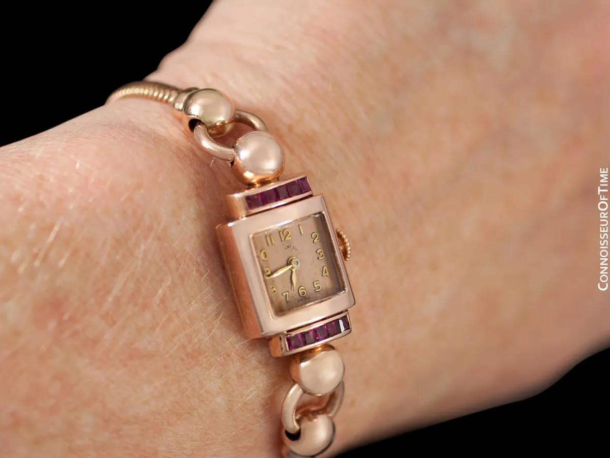 1940's Tiffany & Co. Ladies Vintage Watch - 14K Rose Gold with Rubies