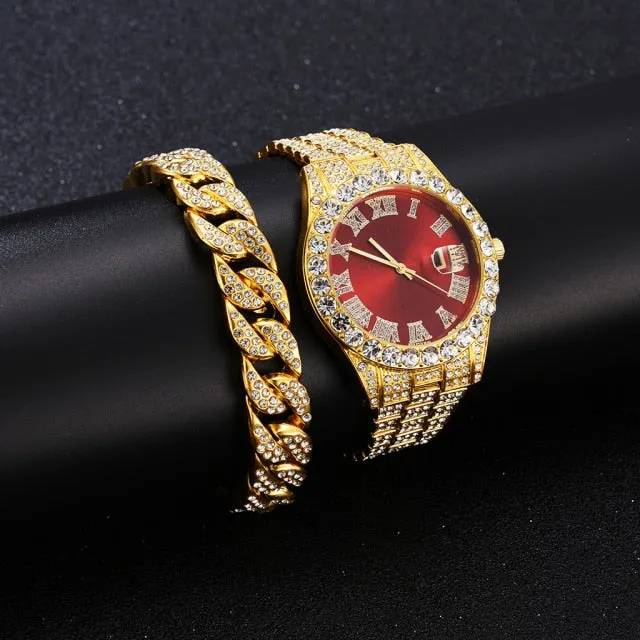 2PCS  Gold Luxury Fashion Calendar Quartz Watch Rhinestone Wristwatch  Set