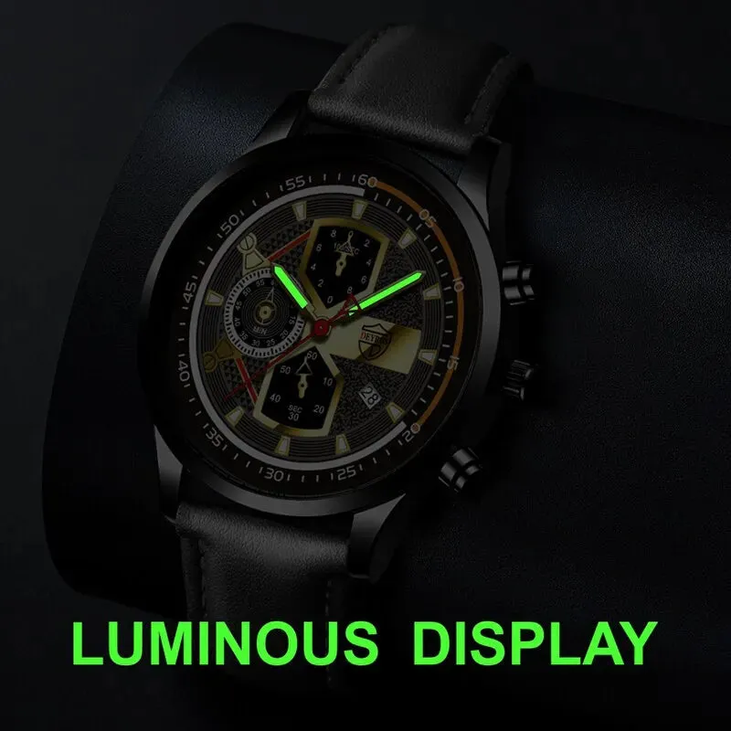 3pcs Set Fashion Mens Calendar Watches Male Business Casual Black Leather Quartz Watch Men