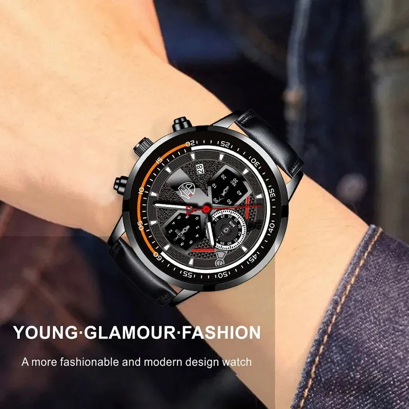 3pcs Set Fashion Mens Calendar Watches Male Business Casual Black Leather Quartz Watch Men