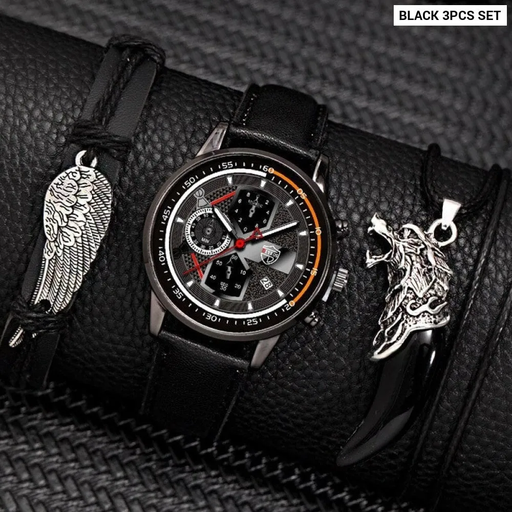 3pcs Set Fashion Mens Calendar Watches Male Business Casual Black Leather Quartz Watch Men