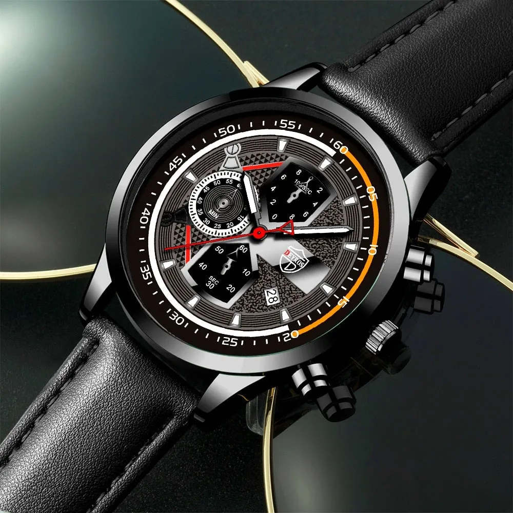 3pcs Set Fashion Mens Calendar Watches Male Business Casual Black Leather Quartz Watch Men