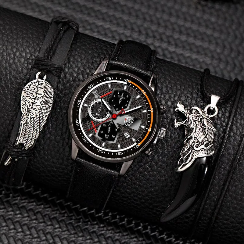 3pcs Set Fashion Mens Calendar Watches Male Business Casual Black Leather Quartz Watch Men