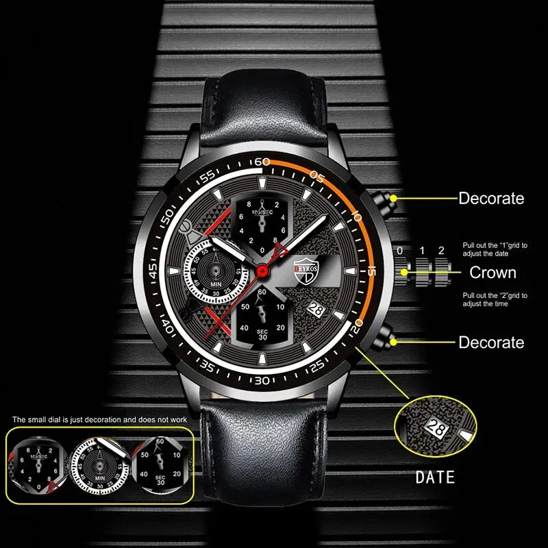 3pcs Set Fashion Mens Calendar Watches Male Business Casual Black Leather Quartz Watch Men