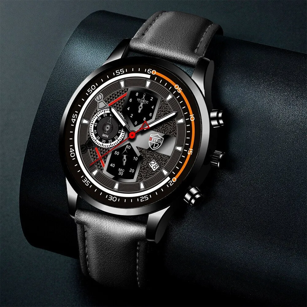 3pcs Set Fashion Mens Calendar Watches Male Business Casual Black Leather Quartz Watch Men
