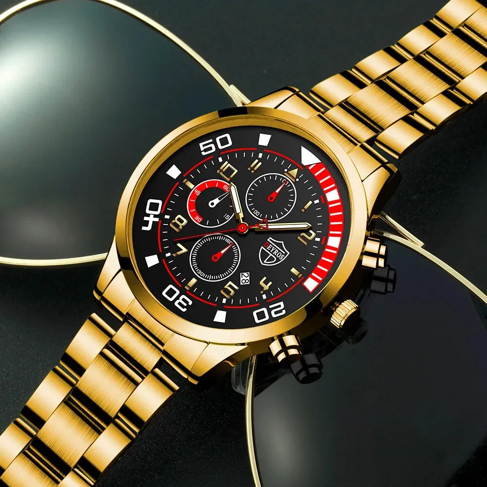 3pcs Set Fashion Mens Calendar Watches Male Casual Stainless Steel Quartz Watch Men Necklace Bracelet Wristwatch