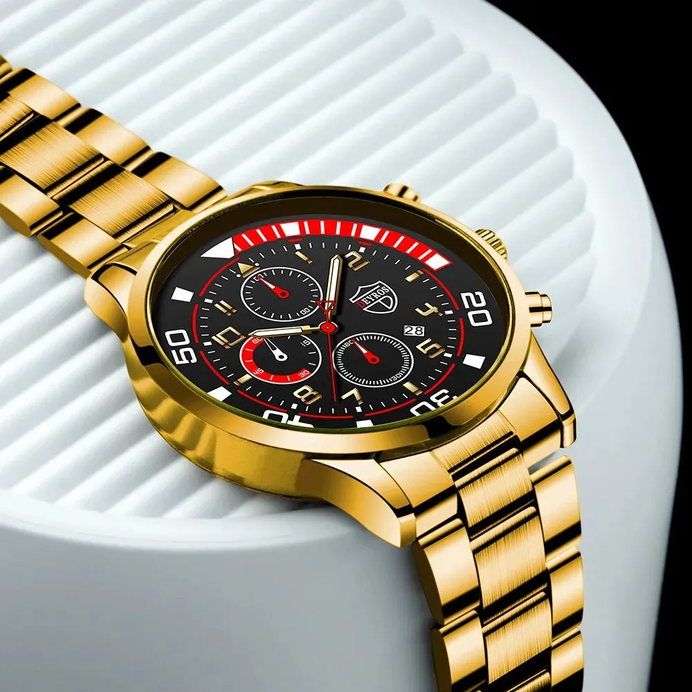 3pcs Set Fashion Mens Calendar Watches Male Casual Stainless Steel Quartz Watch Men Necklace Bracelet Wristwatch