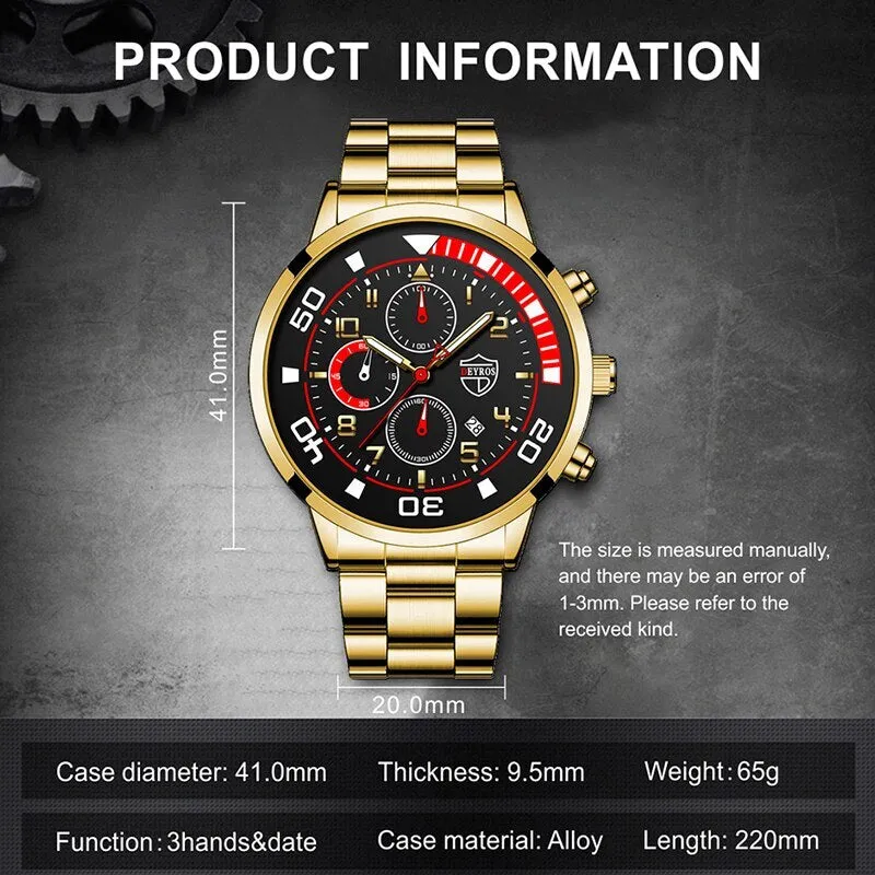 3pcs Set Fashion Mens Calendar Watches Male Casual Stainless Steel Quartz Watch Men Necklace Bracelet Wristwatch
