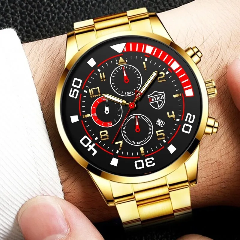 3pcs Set Fashion Mens Calendar Watches Male Casual Stainless Steel Quartz Watch Men Necklace Bracelet Wristwatch
