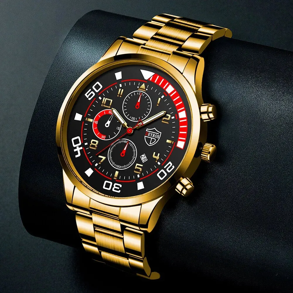 3pcs Set Fashion Mens Calendar Watches Male Casual Stainless Steel Quartz Watch Men Necklace Bracelet Wristwatch