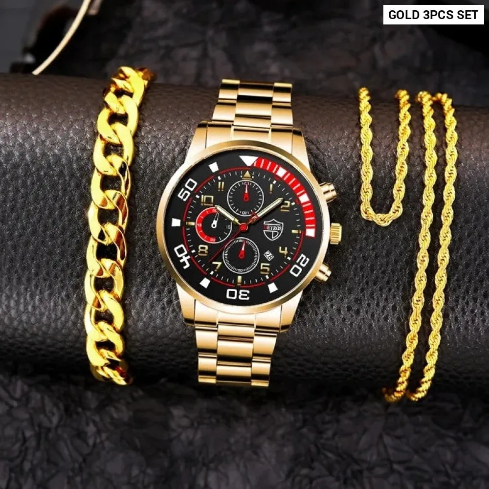 3pcs Set Fashion Mens Calendar Watches Male Casual Stainless Steel Quartz Watch Men Necklace Bracelet Wristwatch