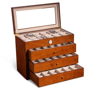 All In Time Wood 48-Watch Box with Quartz Movement Clock - Cherry