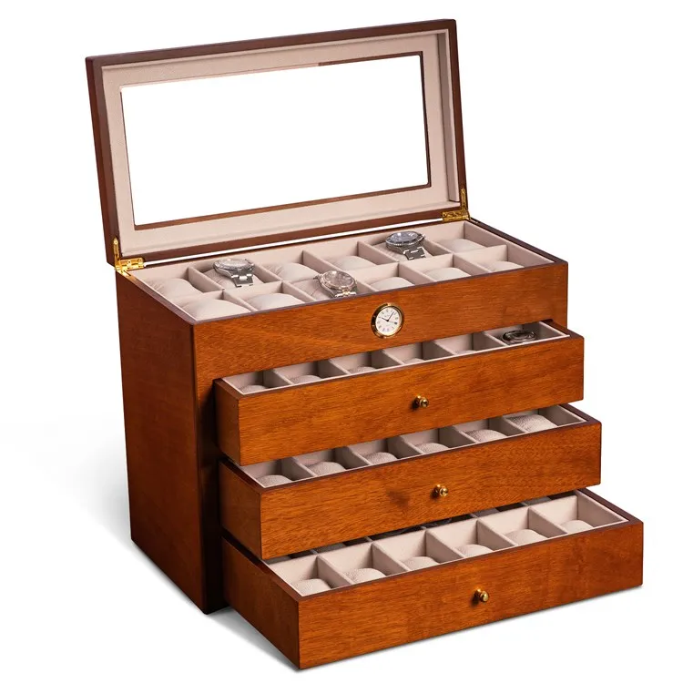 All In Time Wood 48-Watch Box with Quartz Movement Clock - Cherry
