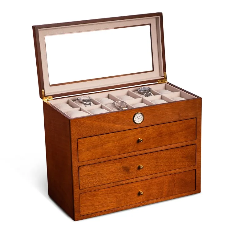 All In Time Wood 48-Watch Box with Quartz Movement Clock - Cherry