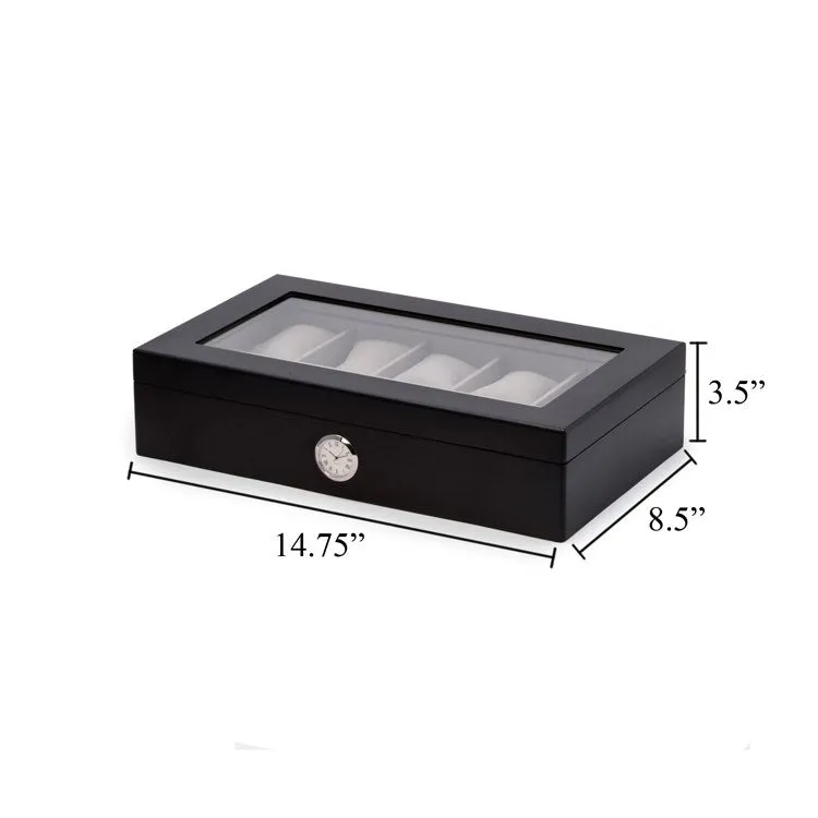 All In Time Wood Ten-Watch Box with Quartz Movement Clock - Black