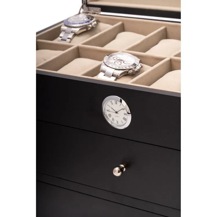 All In Time Wood Thirty-Six Watch Box with Quartz Movement Clock - Black