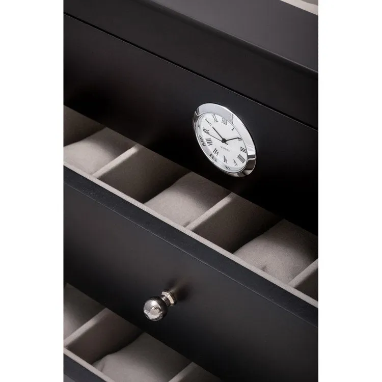 All In Time Wood Thirty-Six Watch Box with Quartz Movement Clock - Black