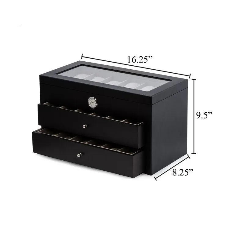 All In Time Wood Thirty-Six Watch Box with Quartz Movement Clock - Black