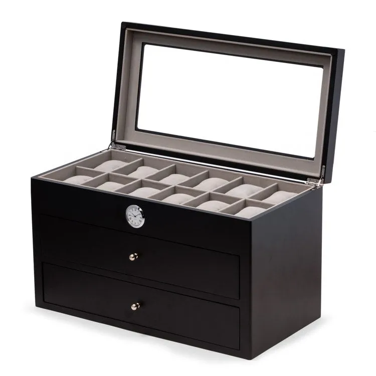 All In Time Wood Thirty-Six Watch Box with Quartz Movement Clock - Black