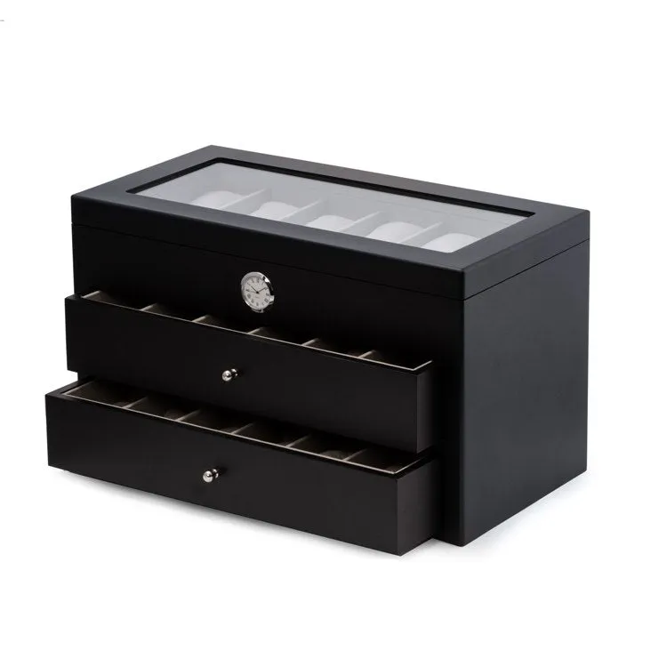 All In Time Wood Thirty-Six Watch Box with Quartz Movement Clock - Black
