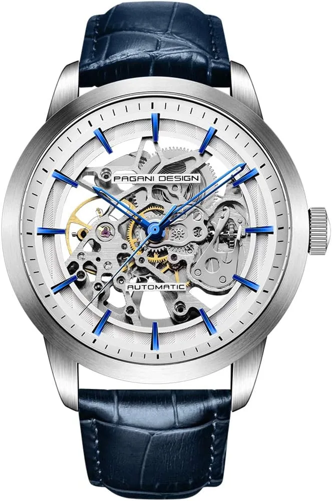 Automatic Mens Watches Skeleton Mechanical Wrist Watch for Men Waterproof Genuine Leather Watchband Luxury Self-Winding Stainless Steel Analog Watch for Men Collection PAGANI DESIGN (blue silver 1638)