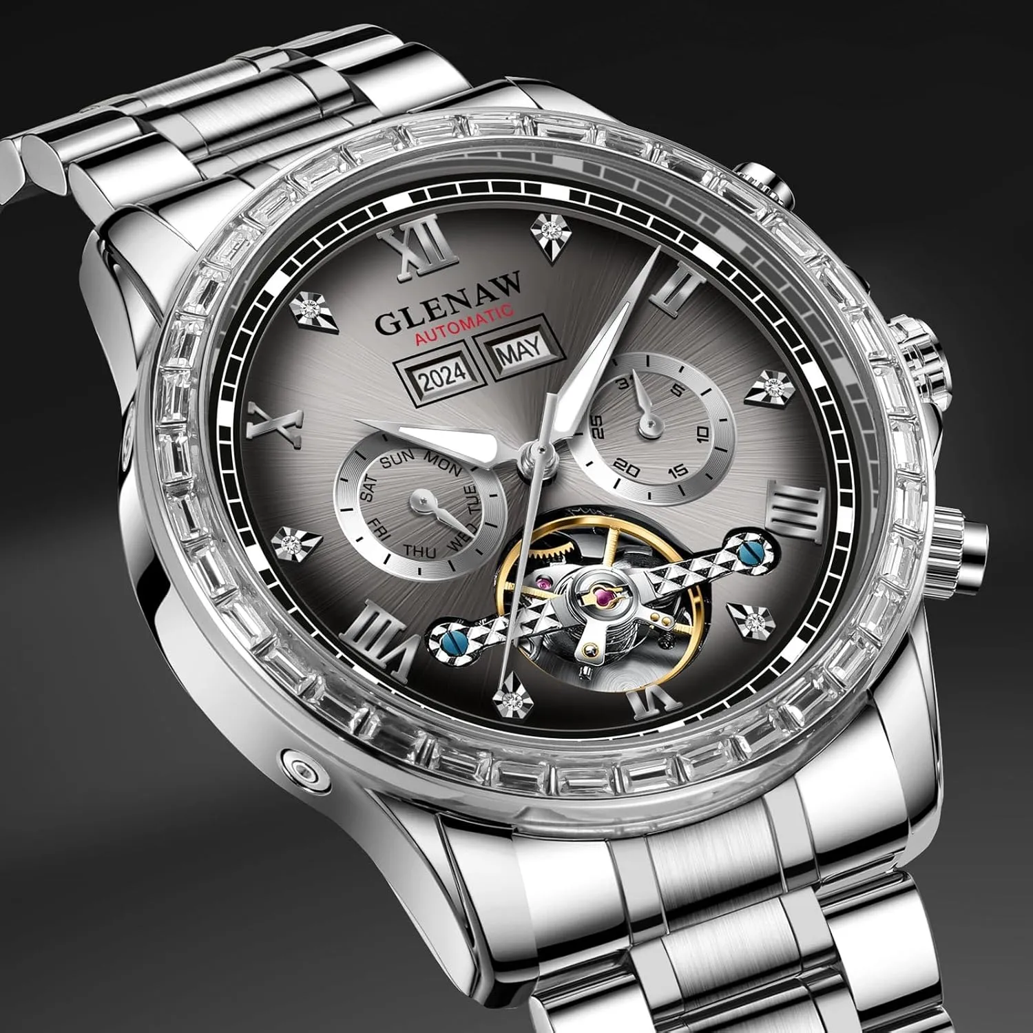 Automatic Watch for Men- Luxury Crystal Bezel Complete Calendar Mechanical Day Date Tourbillon Watch for Men Luminous with Stainless Strap