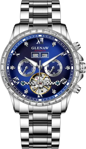 Automatic Watch for Men- Luxury Crystal Bezel Complete Calendar Mechanical Day Date Tourbillon Watch for Men Luminous with Stainless Strap