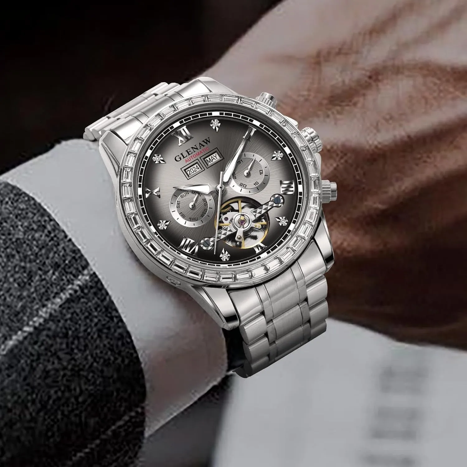 Automatic Watch for Men- Luxury Crystal Bezel Complete Calendar Mechanical Day Date Tourbillon Watch for Men Luminous with Stainless Strap