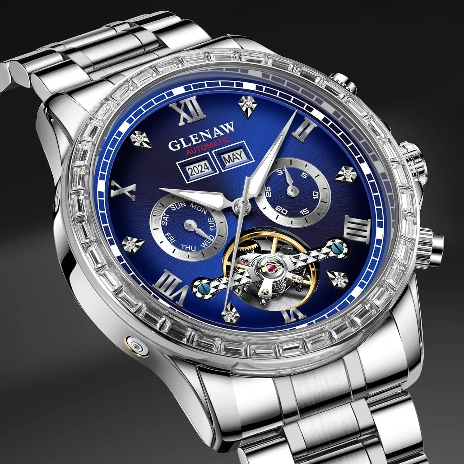 Automatic Watch for Men- Luxury Crystal Bezel Complete Calendar Mechanical Day Date Tourbillon Watch for Men Luminous with Stainless Strap