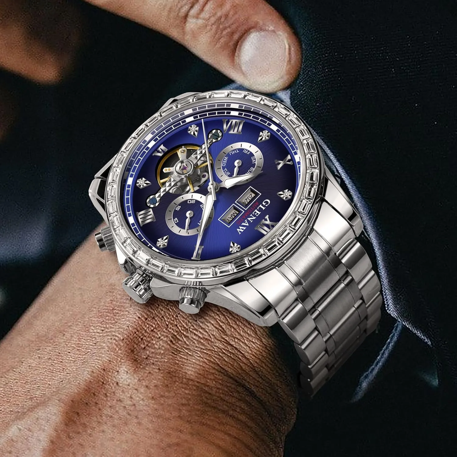 Automatic Watch for Men- Luxury Crystal Bezel Complete Calendar Mechanical Day Date Tourbillon Watch for Men Luminous with Stainless Strap