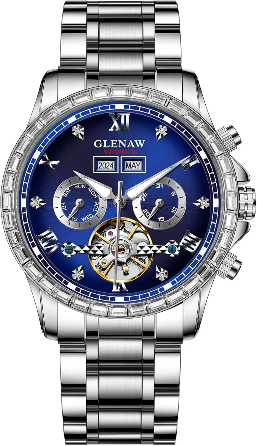 Automatic Watch for Men- Luxury Crystal Bezel Complete Calendar Mechanical Day Date Tourbillon Watch for Men Luminous with Stainless Strap