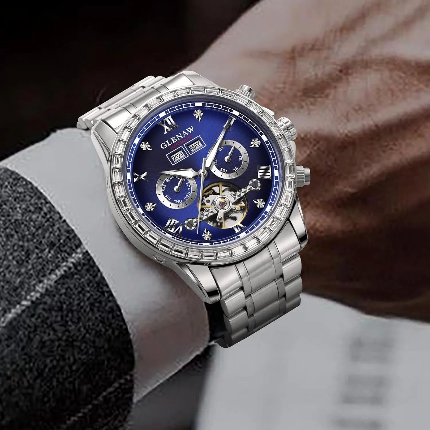 Automatic Watch for Men- Luxury Crystal Bezel Complete Calendar Mechanical Day Date Tourbillon Watch for Men Luminous with Stainless Strap