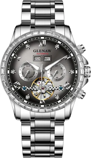 Automatic Watch for Men- Luxury Crystal Bezel Complete Calendar Mechanical Day Date Tourbillon Watch for Men Luminous with Stainless Strap