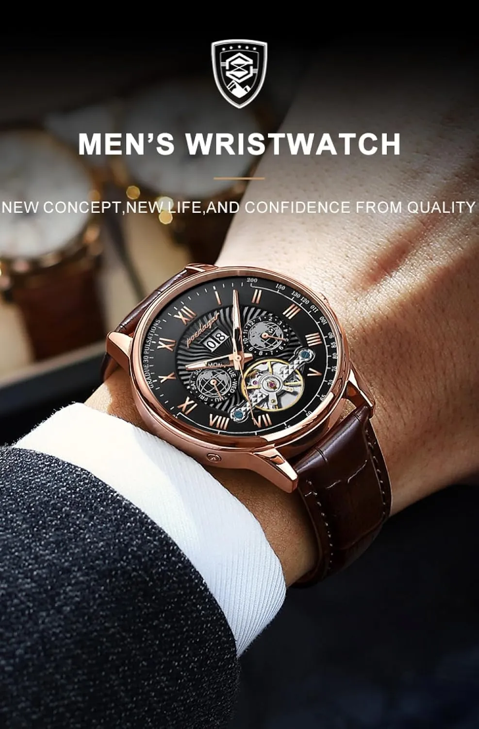 Automatique Mechanical Hollow Watch Luxury Waterproof Date&Week Leather Fashion Men's Watch Business Male Clock Leisure