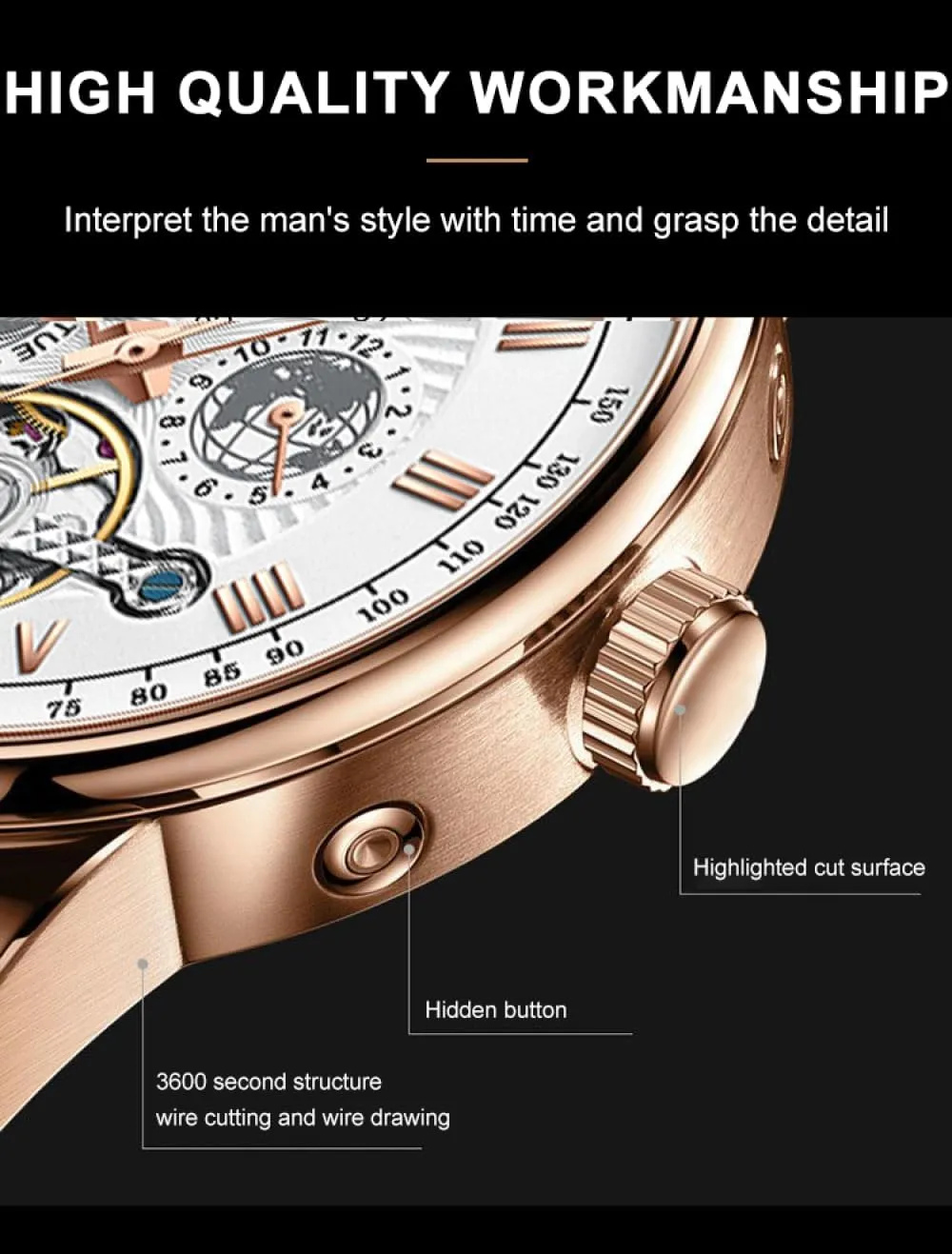Automatique Mechanical Hollow Watch Luxury Waterproof Date&Week Leather Fashion Men's Watch Business Male Clock Leisure