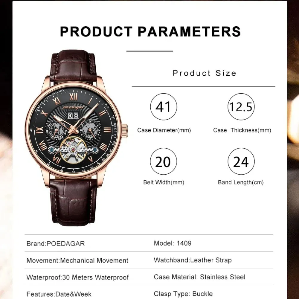 Automatique Mechanical Hollow Watch Luxury Waterproof Date&Week Leather Fashion Men's Watch Business Male Clock Leisure