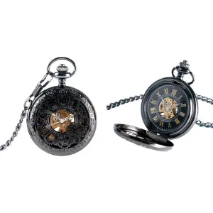 Black Steampunk Cogs Mechanical Hand Wind Pocket Watch