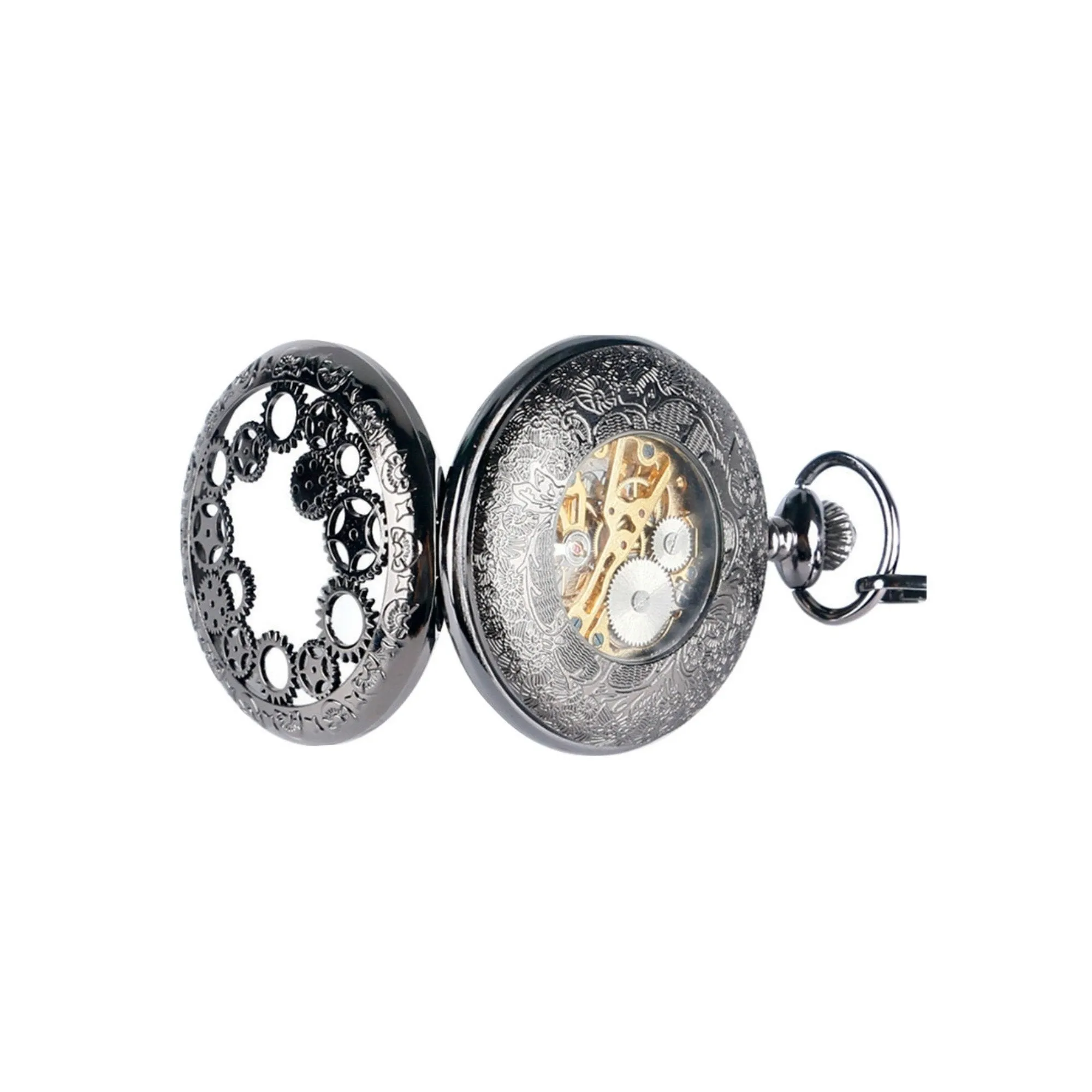 Black Steampunk Cogs Mechanical Hand Wind Pocket Watch