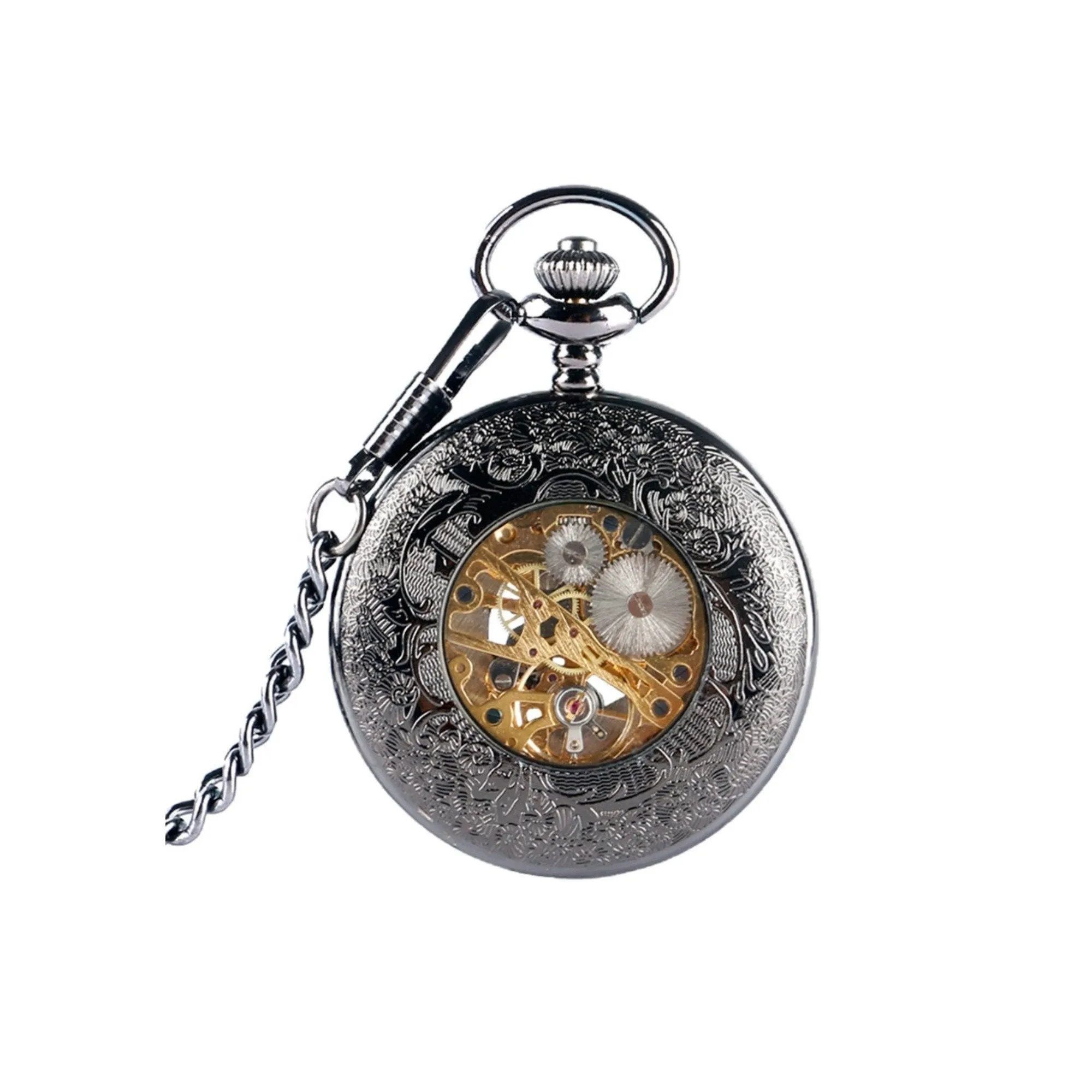 Black Steampunk Cogs Mechanical Hand Wind Pocket Watch