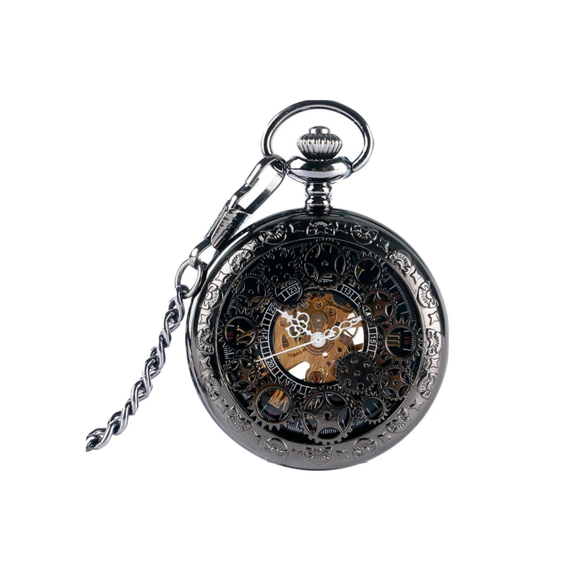 Black Steampunk Cogs Mechanical Hand Wind Pocket Watch