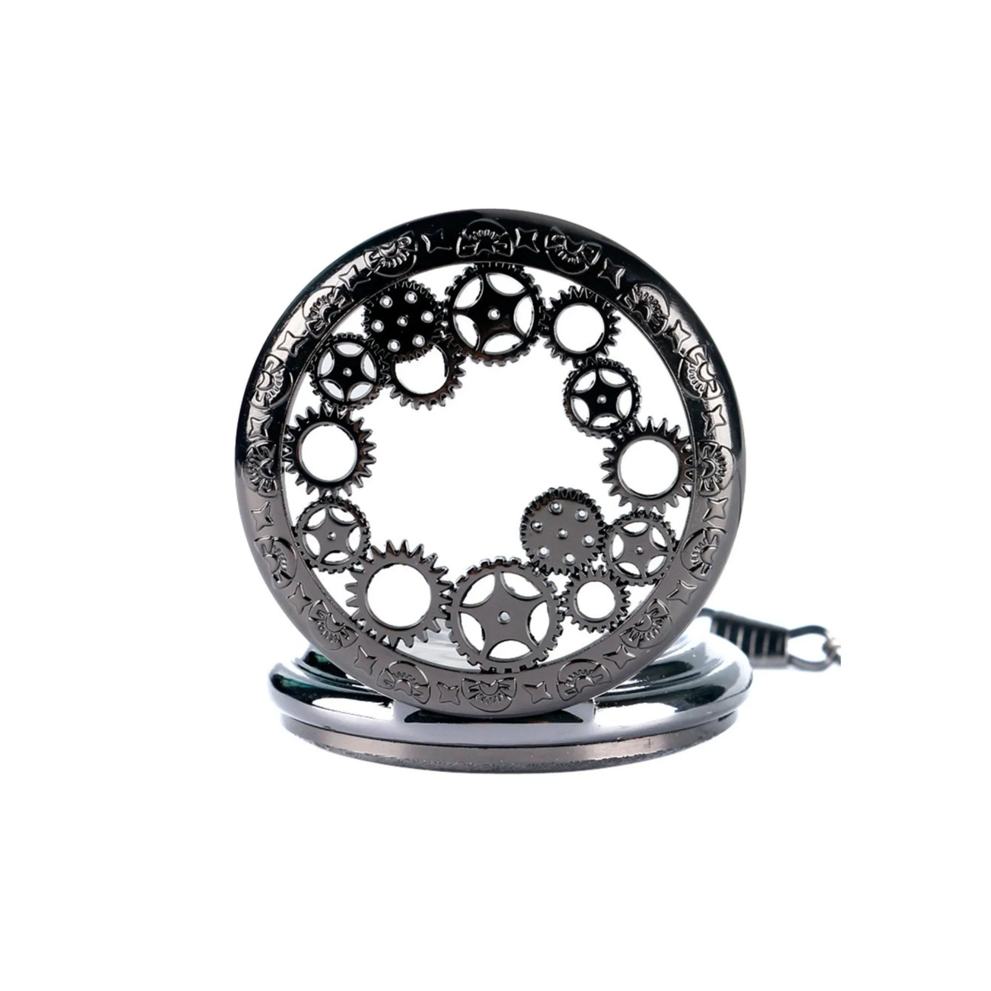 Black Steampunk Cogs Mechanical Hand Wind Pocket Watch