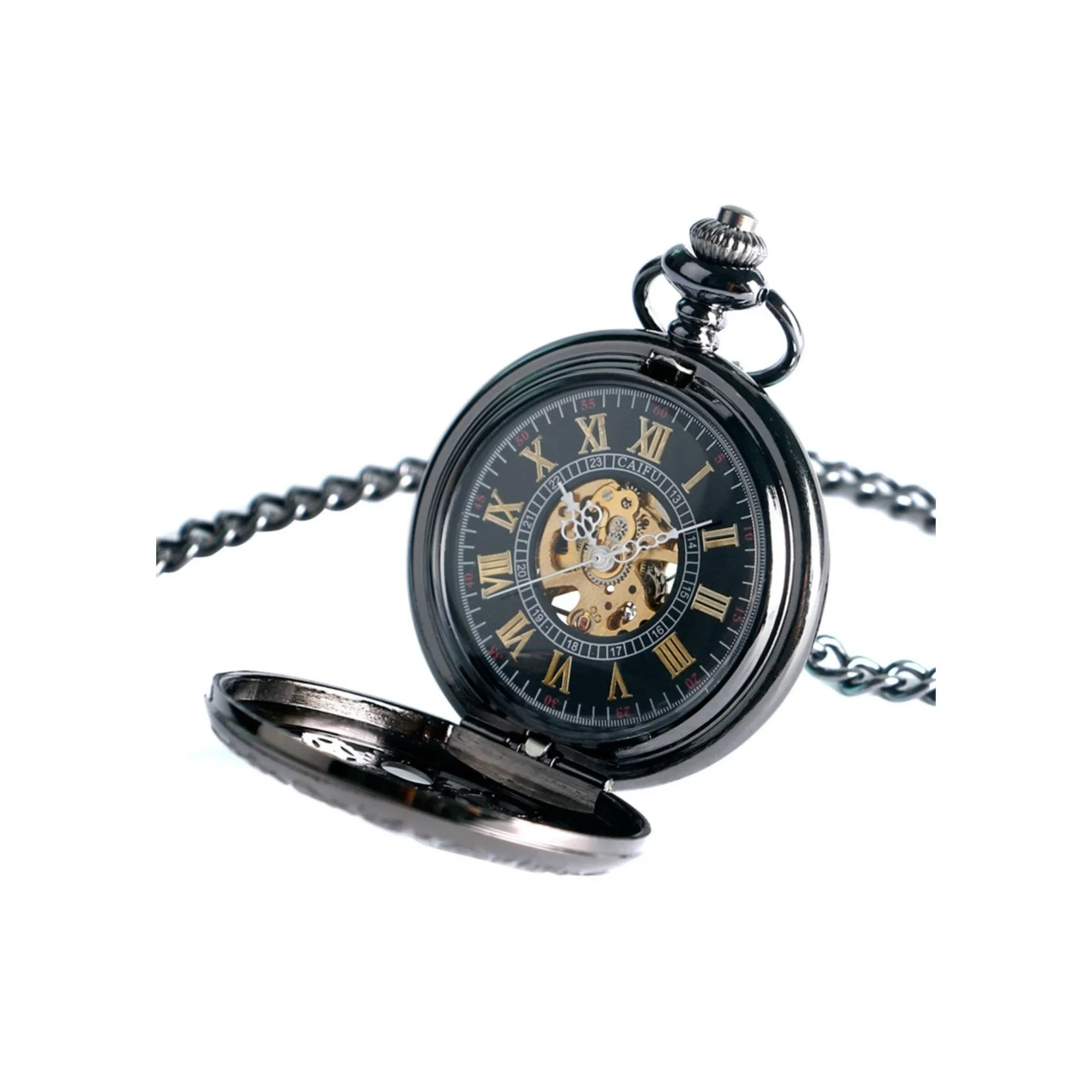 Black Steampunk Cogs Mechanical Hand Wind Pocket Watch