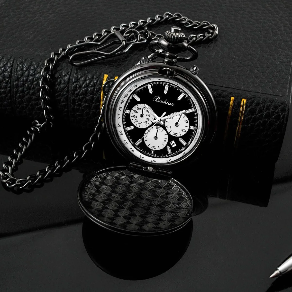 BOSHIYA Smooth Quartz Pocket Watches for Men Multifunctional Chronograph Classic Vintage Mens Womens Pocket Watch with Chain Christmas Graduation Birthday Gifts Fathers Day