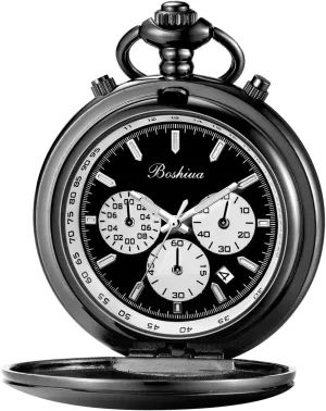 BOSHIYA Smooth Quartz Pocket Watches for Men Multifunctional Chronograph Classic Vintage Mens Womens Pocket Watch with Chain Christmas Graduation Birthday Gifts Fathers Day