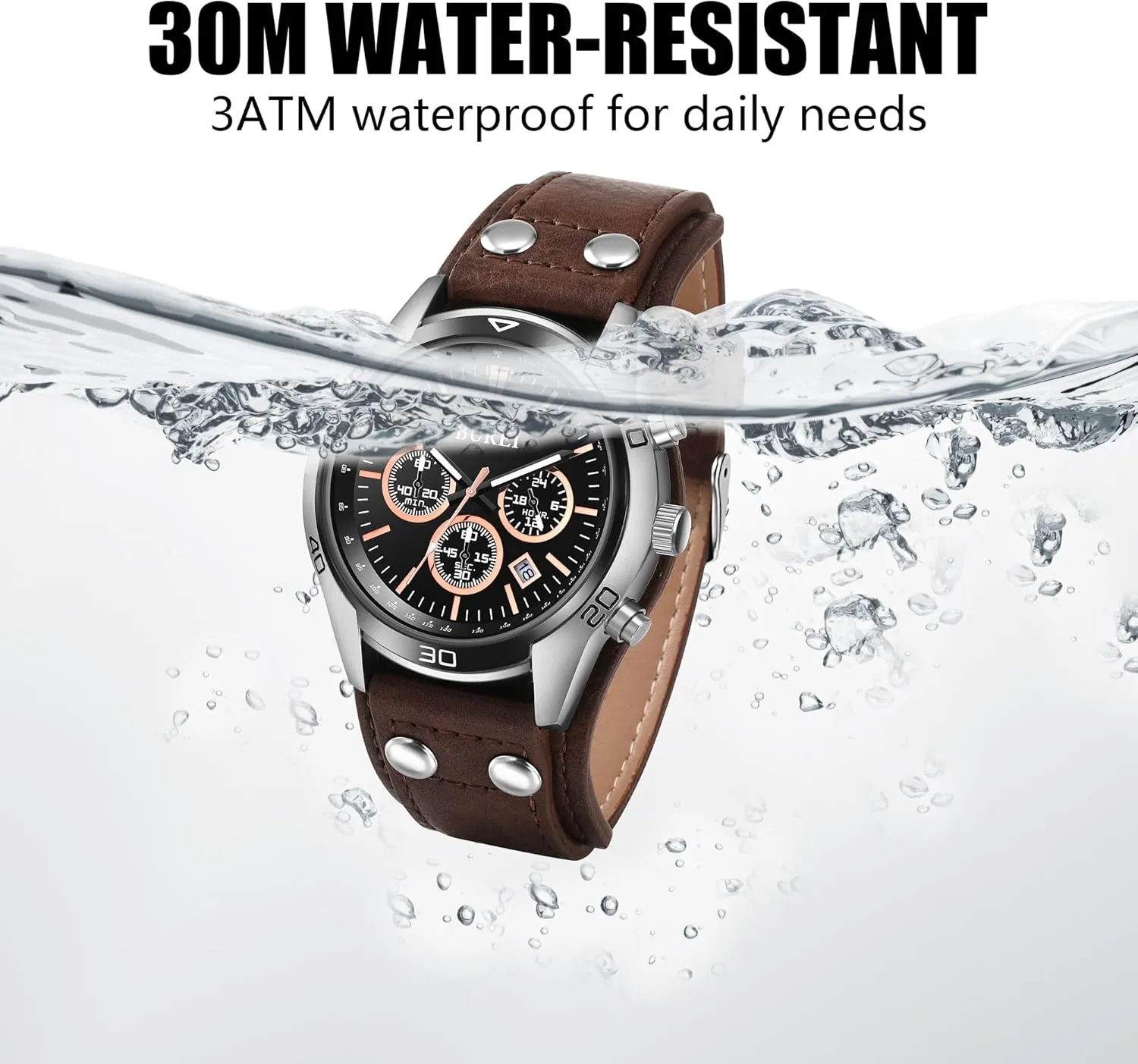 BUREI Men Black Watch Leather Watches for Men,Multifunction Chronograph Wrist Watch Fashion Waterproof Watch,Business Casual Men's Watch Analog Quartz Watch