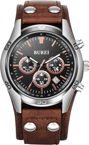 BUREI Men Black Watch Leather Watches for Men,Multifunction Chronograph Wrist Watch Fashion Waterproof Watch,Business Casual Men's Watch Analog Quartz Watch