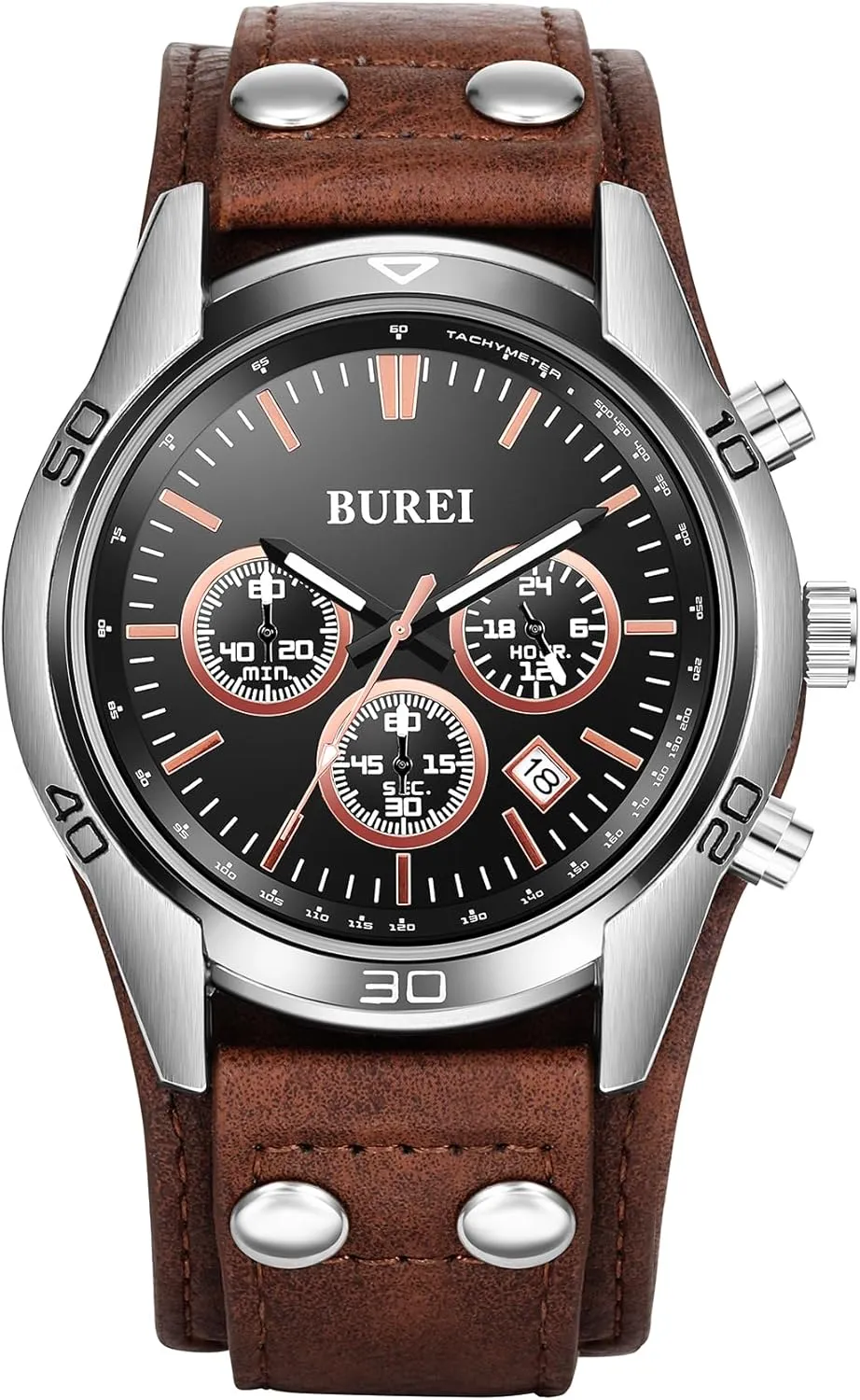 BUREI Men Black Watch Leather Watches for Men,Multifunction Chronograph Wrist Watch Fashion Waterproof Watch,Business Casual Men's Watch Analog Quartz Watch