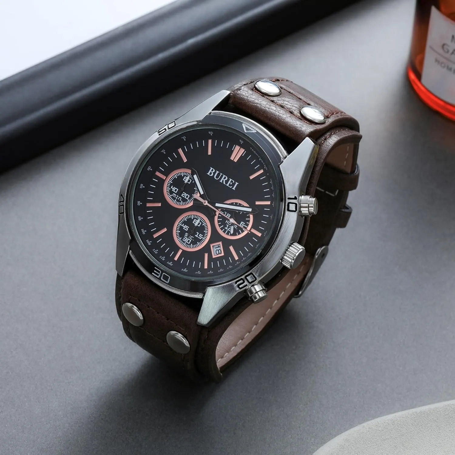 BUREI Men Black Watch Leather Watches for Men,Multifunction Chronograph Wrist Watch Fashion Waterproof Watch,Business Casual Men's Watch Analog Quartz Watch