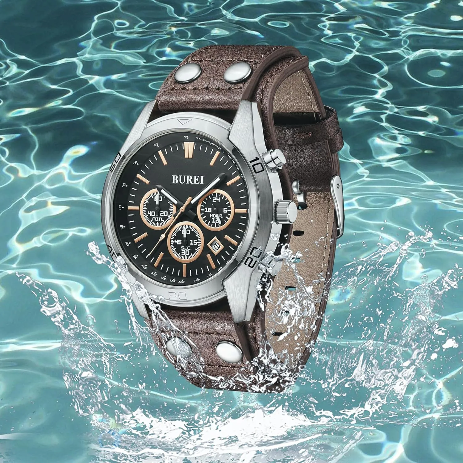 BUREI Men Black Watch Leather Watches for Men,Multifunction Chronograph Wrist Watch Fashion Waterproof Watch,Business Casual Men's Watch Analog Quartz Watch